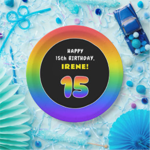 Assiettes En Carton 15e anniversaire : Arc-en-ciel coloré # 15, Nom pe