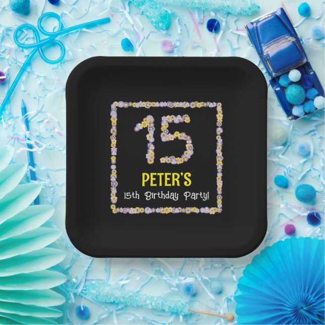 Assiettes En Carton 15e anniversaire : Floral Flowers Numéro, Nom pers (Fête)