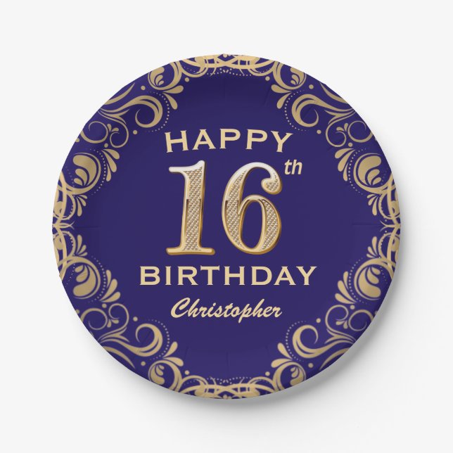 Assiettes En Carton 16e anniversaire Parties scintillant marine bleu e (Devant)
