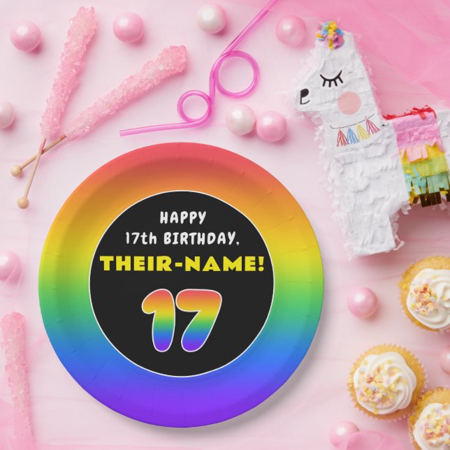 Assiettes En Carton 17e anniversaire : Arc-en-ciel coloré # 17, Nom pe (Fête)