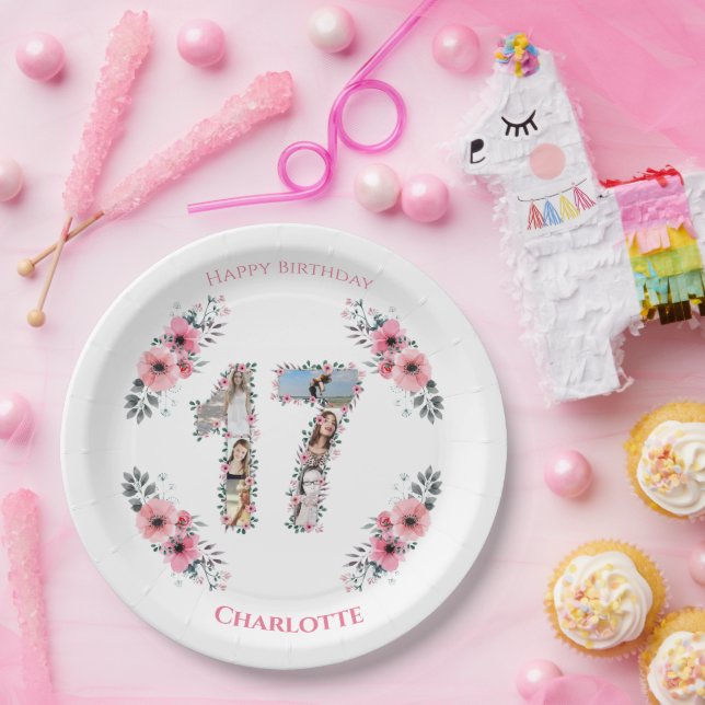 Assiettes En Carton 17e anniversaire Photo Collage Fille Rose Fleur Bl (Fête)