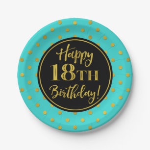 Assiettes En Carton 18e anniversaire de fête Turquoise Black Gold Dots