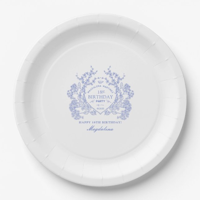 Assiettes En Carton 18e anniversaire Français Blue Floral Crest Custom (Devant)
