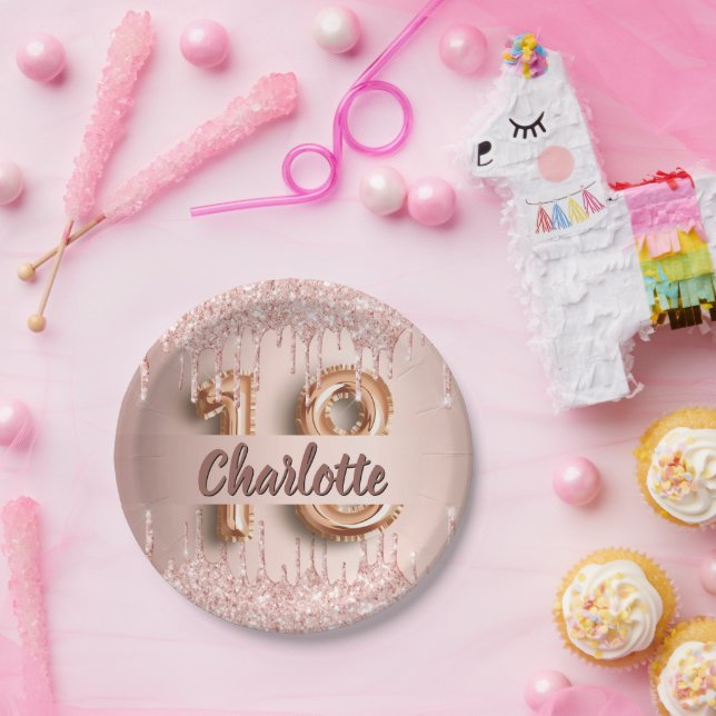 Assiettes En Carton 18e anniversaire rose or drips nom (Fête)