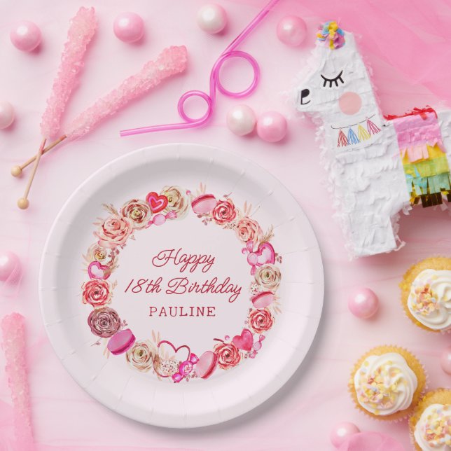 Assiettes En Carton 18e anniversaire Roses roses Tourbillonnant Coeur (Fête)