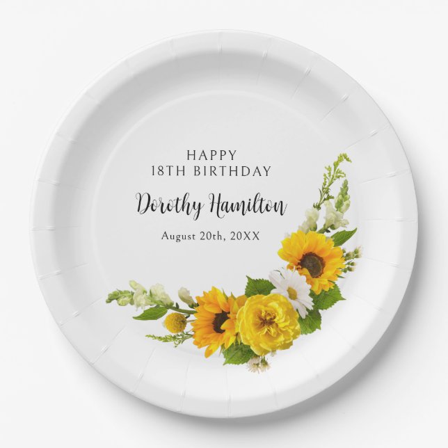 Assiettes En Carton 18e fête d'anniversaire Sunflower Daisy Custom (Devant)