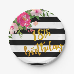 Assiettes En Carton 18ème Plat d'anniversaire - floral avec noir et l