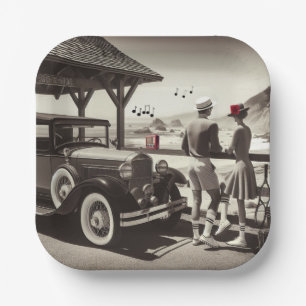 Assiettes En Carton 1930 Vintage Car Couple Black Livre blanc serviett