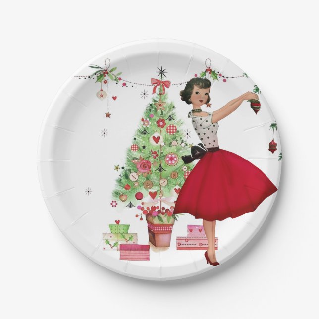 Assiettes En Carton 1950 Femme de Noël avec arbre de Noël (Devant)