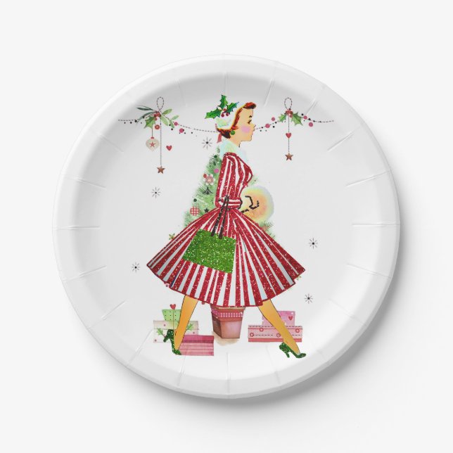 Assiettes En Carton 1950 Femme de Noël avec arbre de Noël (Devant)