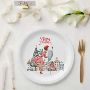 Assiettes En Carton 1950 Vintage dame publiant des voeux de Noël