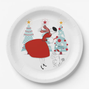 Assiettes En Carton 1950 Vintage femme de Noël avec chien