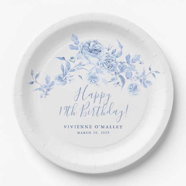 Assiettes En Carton 19e anniversaire Rose bleu Floral Custom (Devant)
