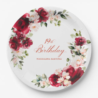 Assiettes En Carton 19e fête d'anniversaire Rouge rose Floral papier p