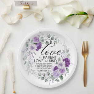 Assiettes En Carton 1 Corinthiens 13:4 Amour est Patient Violet Floral