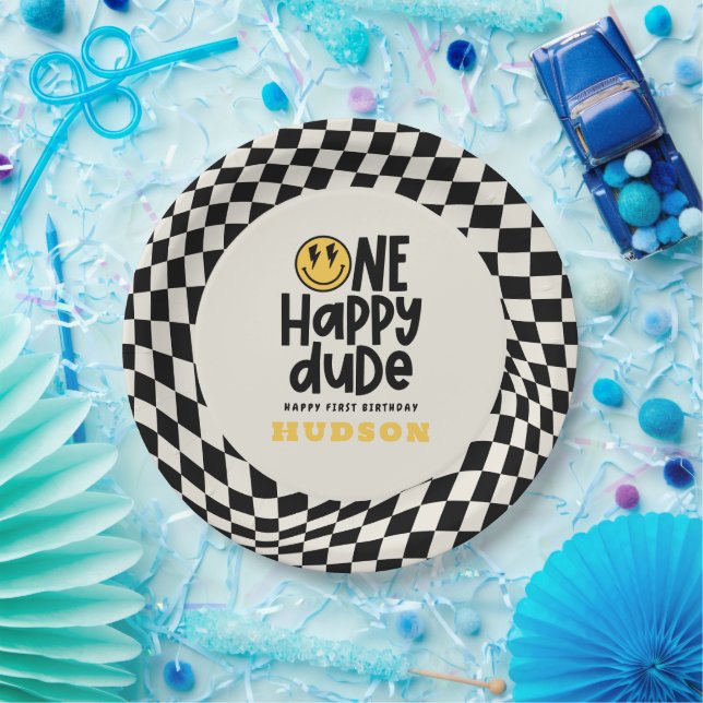 Assiettes En Carton 1anniversaire sourire visage rétro noir blanc supe (Fête)