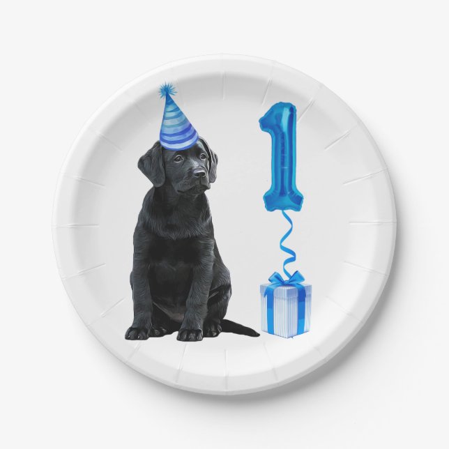 Assiettes En Carton 1er Anniversaire Chiot Thème - Chien bleu mignon G (Devant)