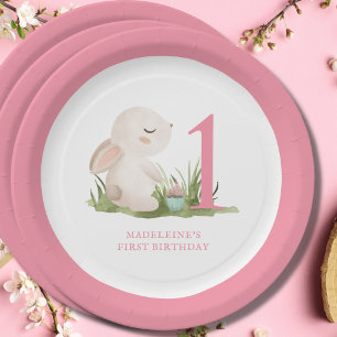 Assiettes En Carton 1er anniversaire de la fille Lapin Rose