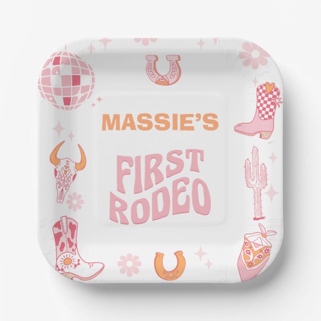 Assiettes En Carton 1er anniversaire de la première rodéo rose rétro (Recto)