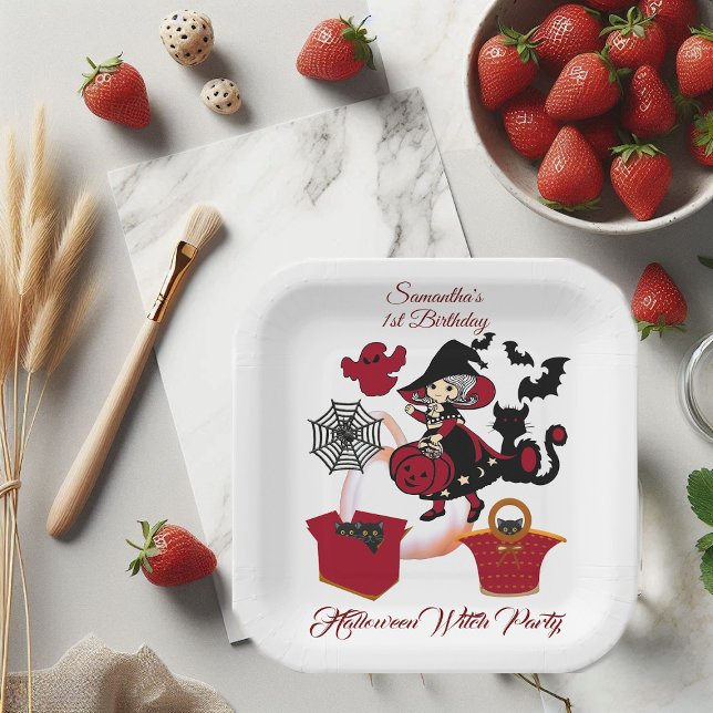Assiettes En Carton 1er anniversaire Éffrayant sorcière fête Halloween (1st Birthday Spooky Witch Party Halloween Cat Cute Paper Plates)