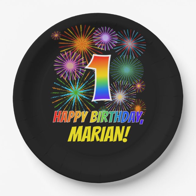 Assiettes En Carton 1er anniversaire : Fun Motif Fireworks + Rainbow 1 (Devant)