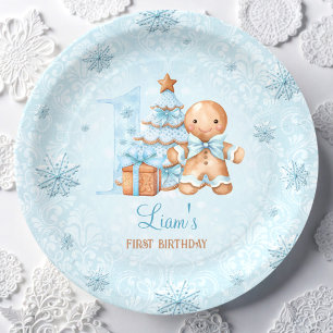 Assiettes En Carton 1er anniversaire Gingerbread Man Boy Blue Christma