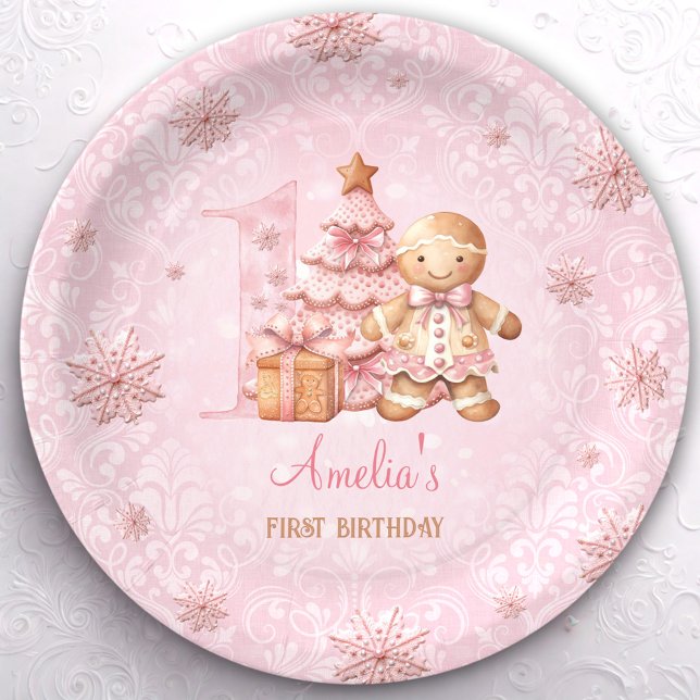 Assiettes En Carton 1er anniversaire Gingerbread Man Girl Pink Noël (1st Birthday Gingerbread Man Girl Pink Christmas Paper Plates)