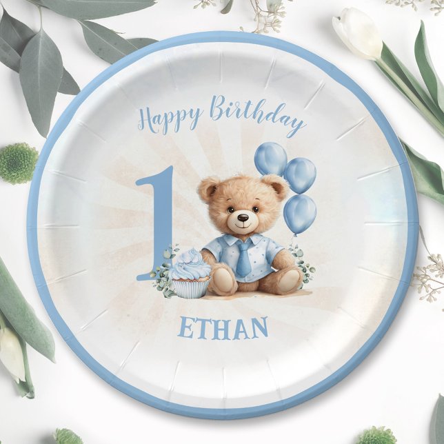 Assiettes En Carton 1er Anniversaire Ours Bleu Plaques en papier (1st Birthday Bear Blue Balloons Paper Plates)