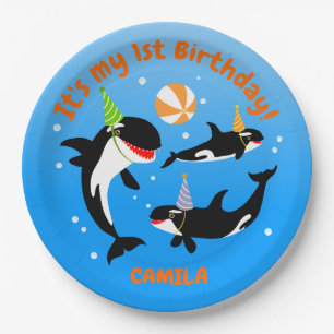 Assiettes En Carton 1er anniversaire sous la mer orca baleine fille
