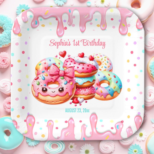 Assiettes En Carton 1er Anniversaire Sweet One mignonne Donut rose fil (1st Birthday Sweet One Cute Donut Pink Girl Square Paper Plates)