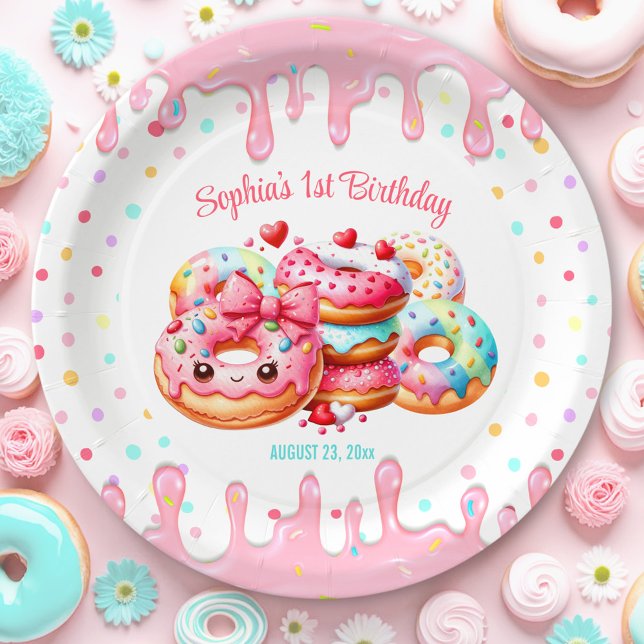 Assiettes En Carton 1er Anniversaire Sweet One mignonne Donut Rose Gir (1st Birthday Sweet One Cute Donut Pink Girl Paper Plates)