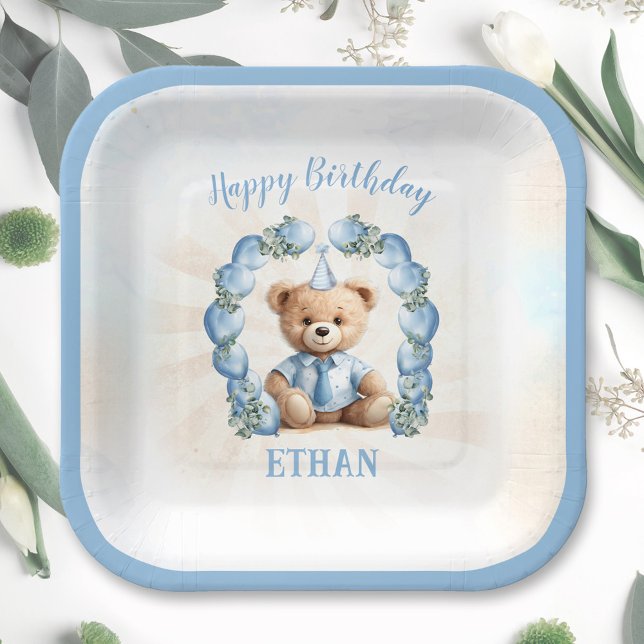 Assiettes En Carton 1er anniversaire Teddy Bear Bleu Carré Plaques de  (1st Birthday Teddy Bear Blue Square Paper Plates)