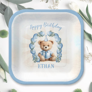Assiettes En Carton 1er anniversaire Teddy Bear Bleu Carré Plaques de