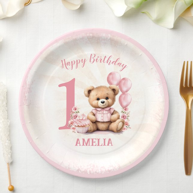 Assiettes En Carton 1er anniversaire Teddy Bear Pink Ballots Plaques d (1st Birthday Teddy Bear Pink Balloons Paper Plates)