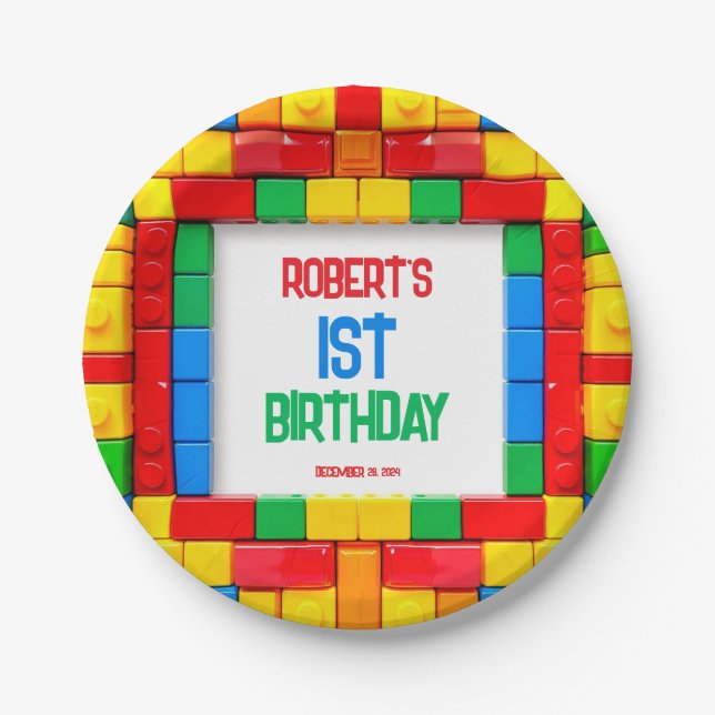 Assiettes En Carton 1er Blocs de construction ANNIVERSAIRE (Devant)