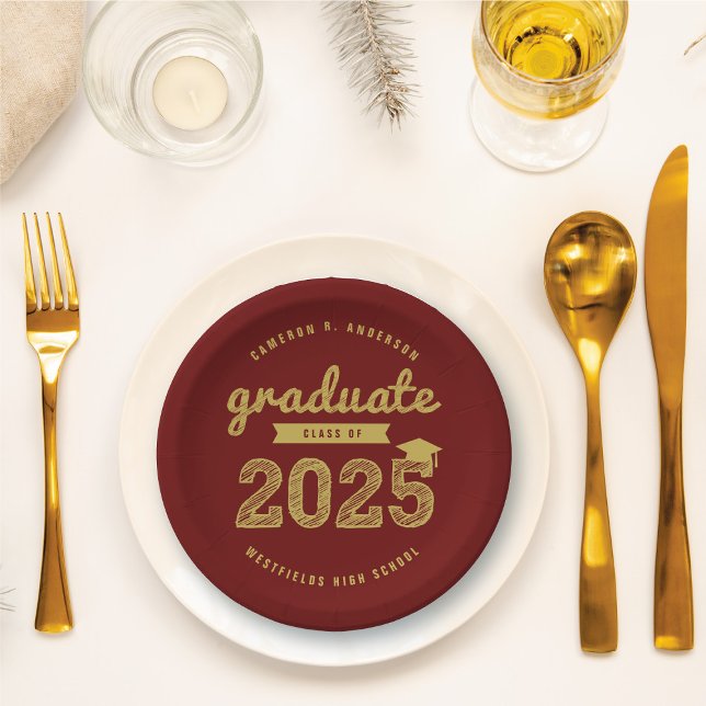 Assiettes En Carton 2025 Gold Bold Sketch Typographie Graduation Party (2025 Gold Sketch Typography On Burgundy (customizable) Graduation Party Paper Plates @ fatfatin)