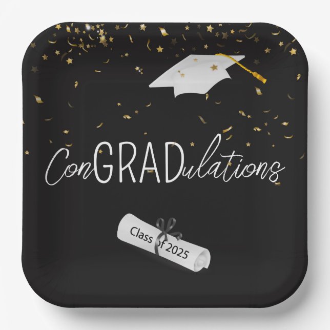 Assiettes En Carton 2025 Graduation Gold Confetti et Casquette (Recto)