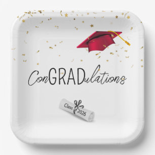 Assiettes En Carton 2025 Graduation Gold Confetti et Casquette rouge