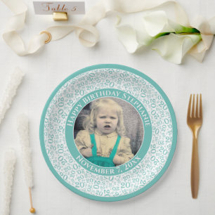 Assiettes En Carton 20 Votre motif de nombre aléatoire sarcelle/blanc