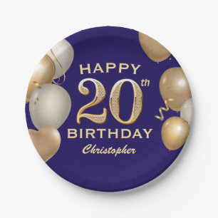 Assiettes En Carton 20e Anniversaire Marine Bleu et Ballons d'or