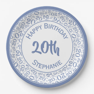 Assiettes En Carton 20e anniversaire Random Numéro Motif 20 Bleu/Blanc