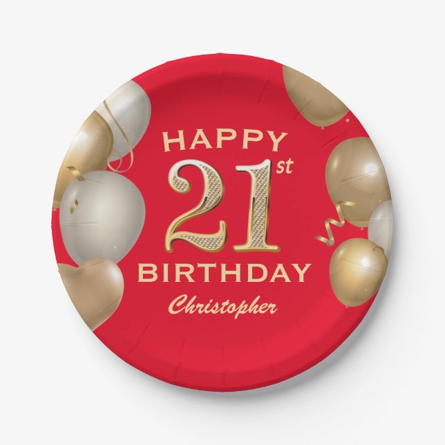 Assiettes En Carton 21e Anniversaire de Ballons Rouge et Or (Devant)