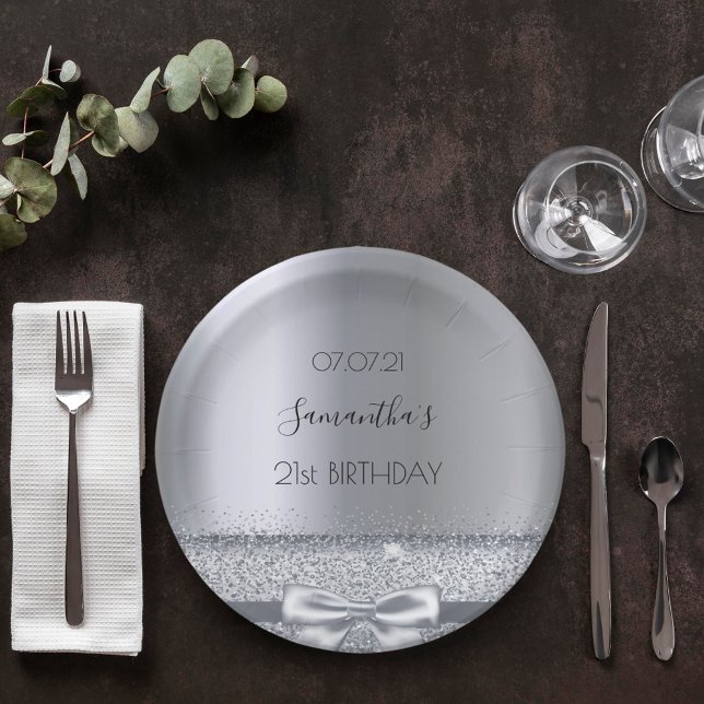 Assiettes En Carton 21e anniversaire fête argent arc élégant (Créateur téléchargé)