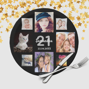 Assiettes En Carton 21e anniversaire fête photo collage femme noir