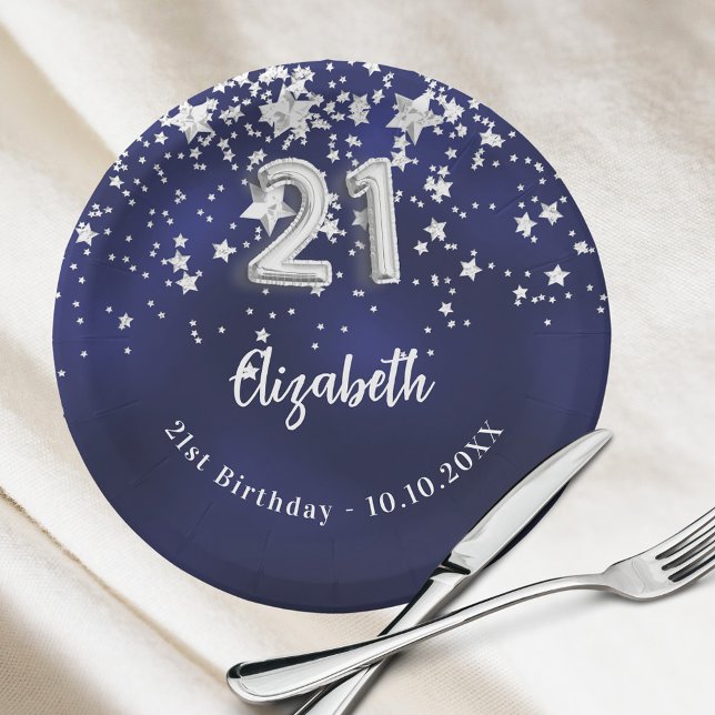 Assiettes En Carton 21e anniversaire marine bleu argent étoiles (Créateur téléchargé)