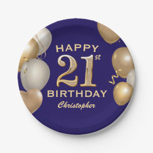Assiettes En Carton 21e Anniversaire Marine Bleu et Ballons d'or