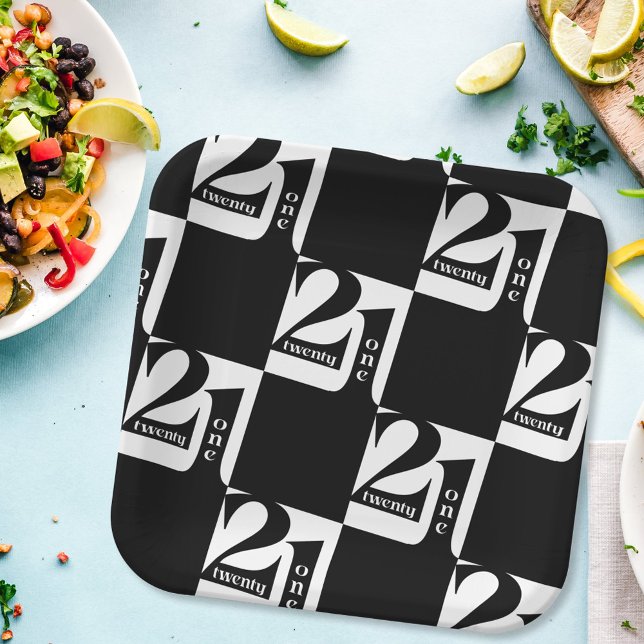 Assiettes En Carton 21e anniversaire Noir Blanc Motif fête d'anniversa (Créateur téléchargé)
