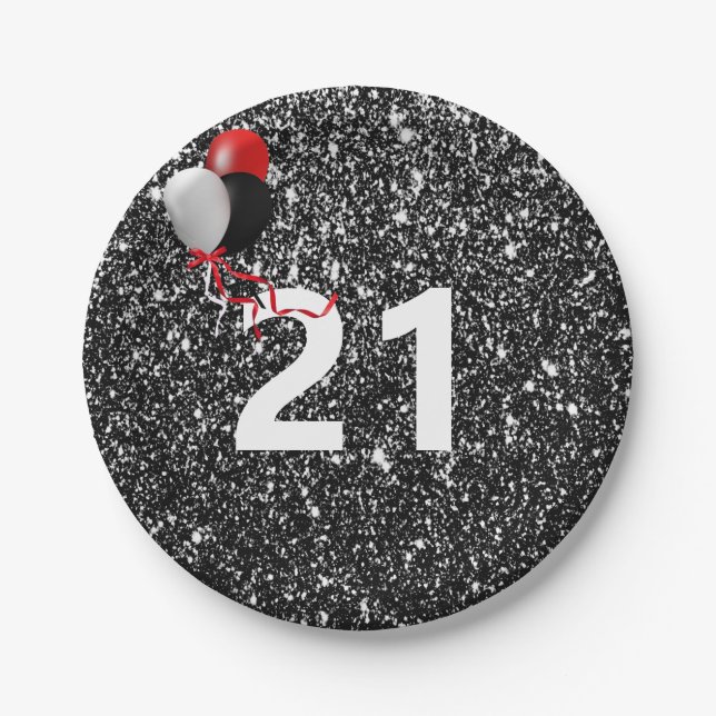 Assiettes En Carton 21e anniversaire Parties scintillant noire et ball (Devant)