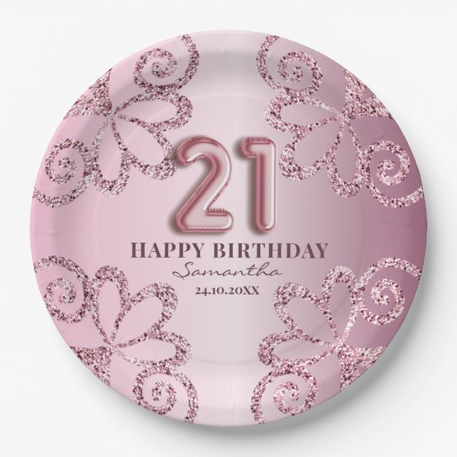Assiettes En Carton 21e anniversaire Pink Princess Parties scintillant (Devant)