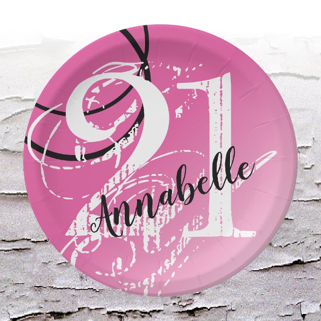 Assiettes En Carton 21e Anniversaire ROSE Élégante Plaques en papier A (Depiction of Front of Paper Plate)